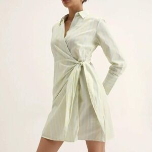 Rareism Pastel Striped Wrap Shirt Dress Yellow Blue White Mini Small NWT
